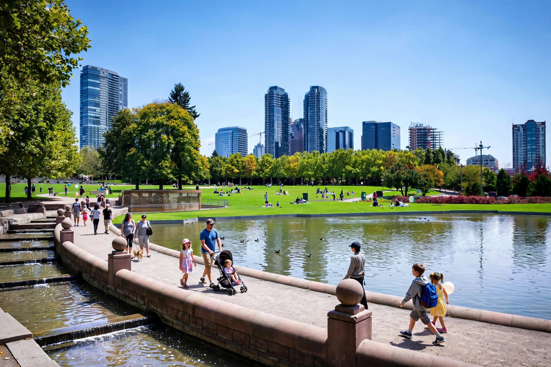 Bellevue Downtown Park on a sunny day, canal and lawns
