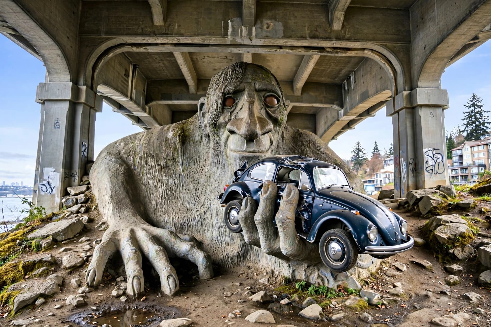 Troll under Aurora Bridge, Fremont — clutching its prize