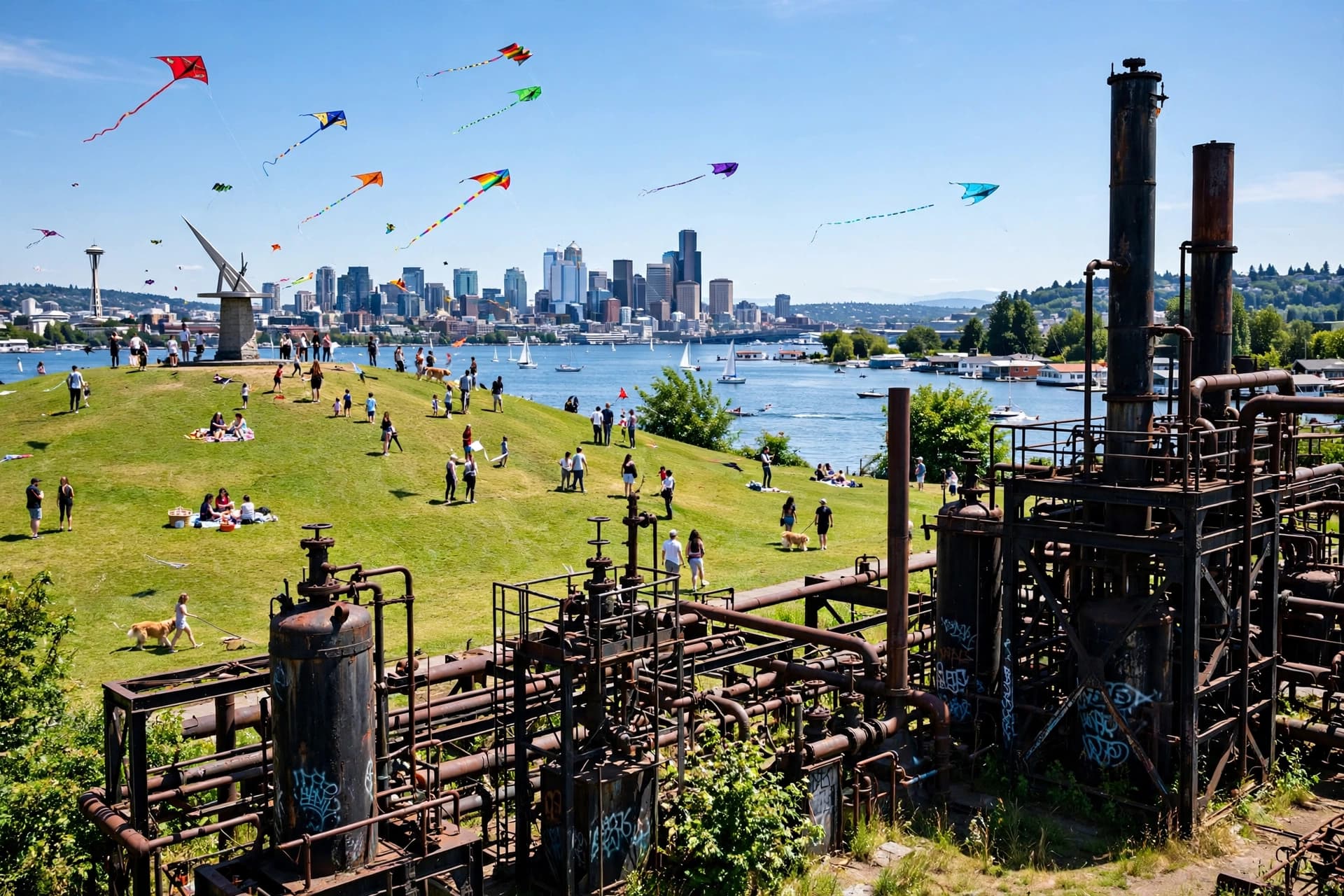 Kite Hill, sundial, and the old gasification towers — Lake Union beyond