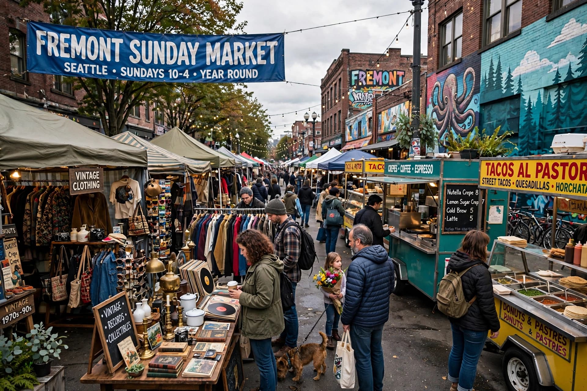 Fremont Sunday Market — vintage, produce, and food carts under the bridge