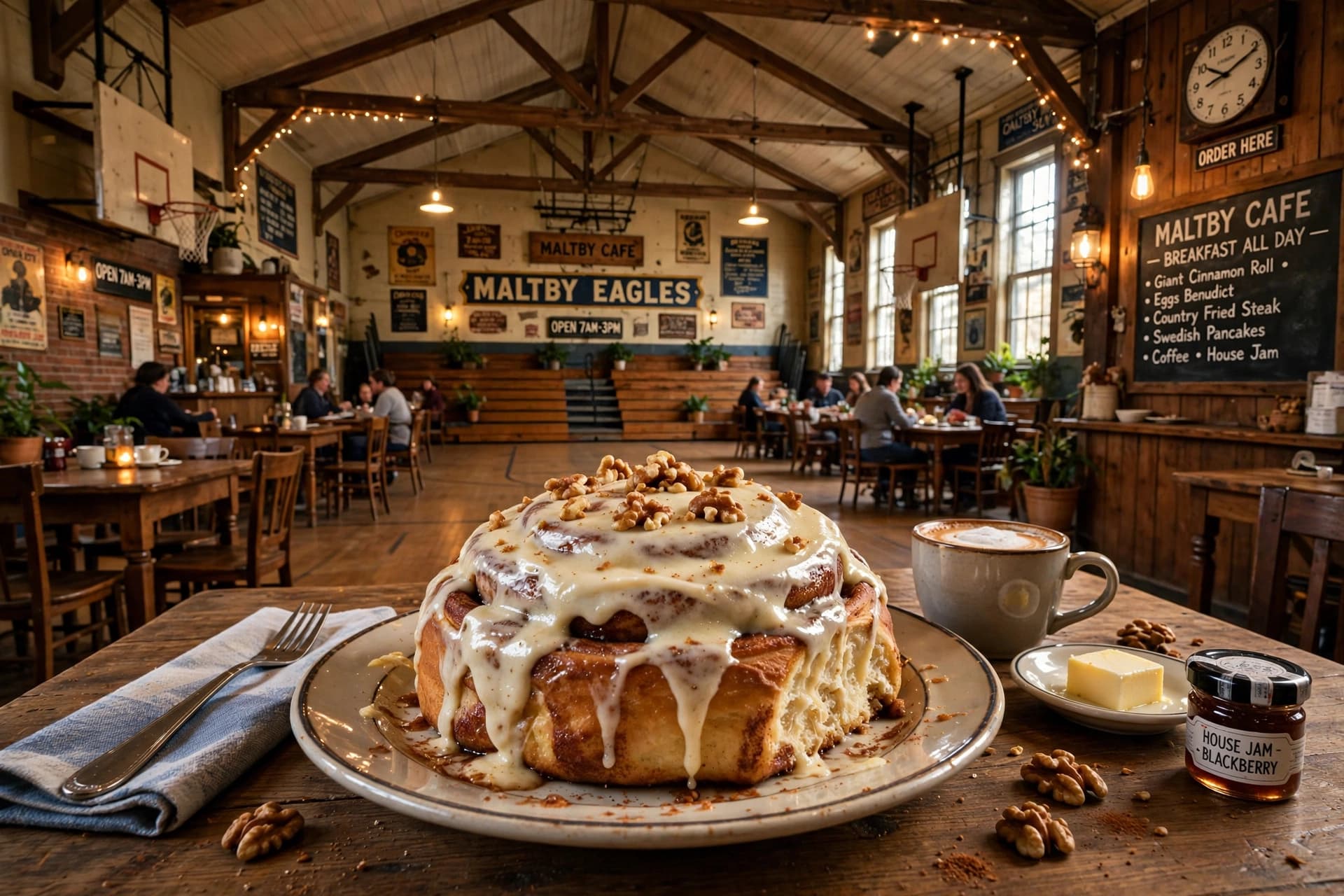 Giant cinnamon roll with frosting at Maltby Cafe