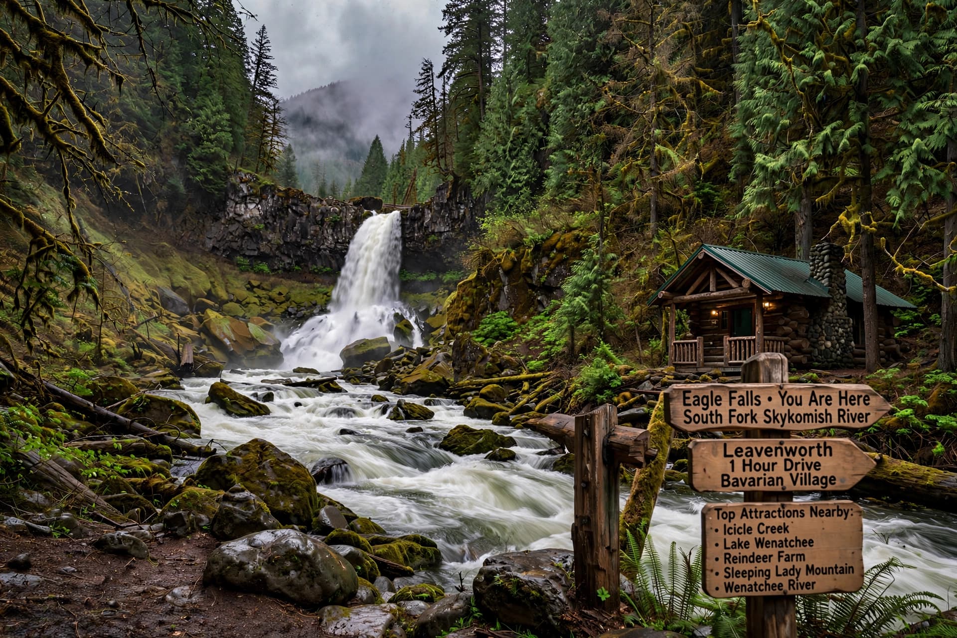 The trailside signpost near River Rail Ranch — Eagle Falls, Icicle Creek, Lake Wenatchee, Reindeer Farm, Sleeping Lady Mountain, Wenatchee River, all within an hour