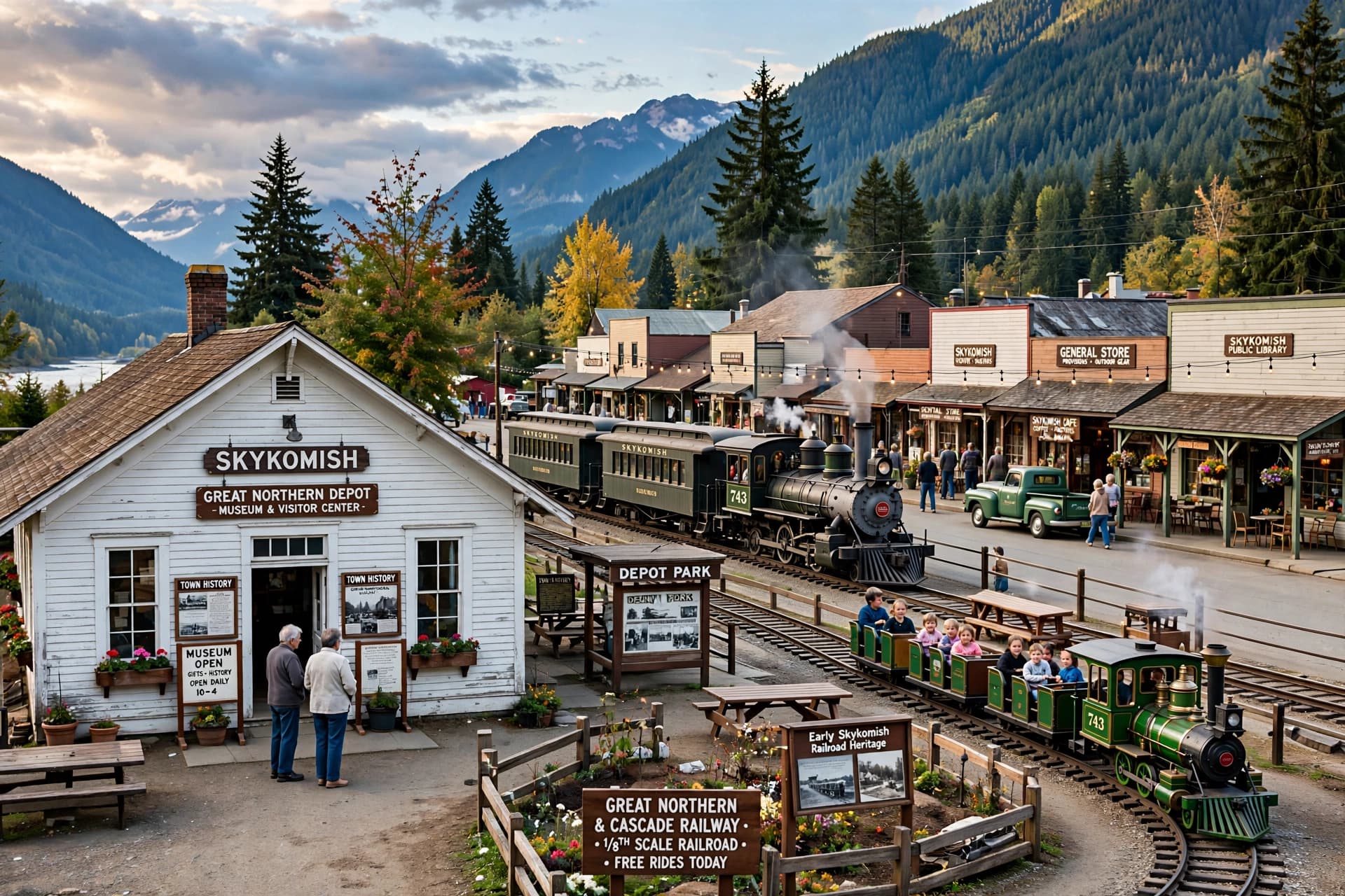 Downtown Skykomish, still laid out around its Great Northern Railway history