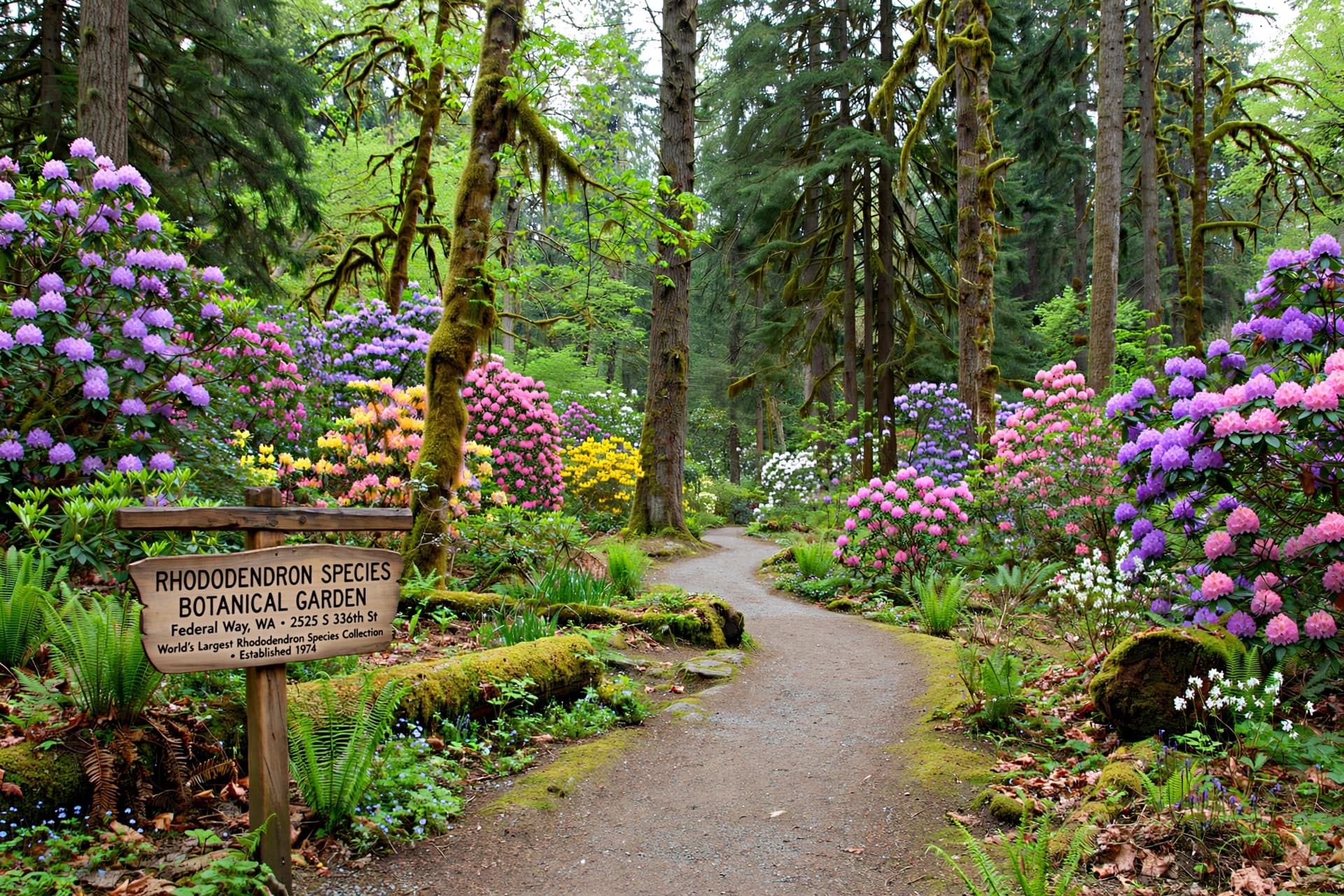 Forest path through the Rhododendron Species Botanical Garden